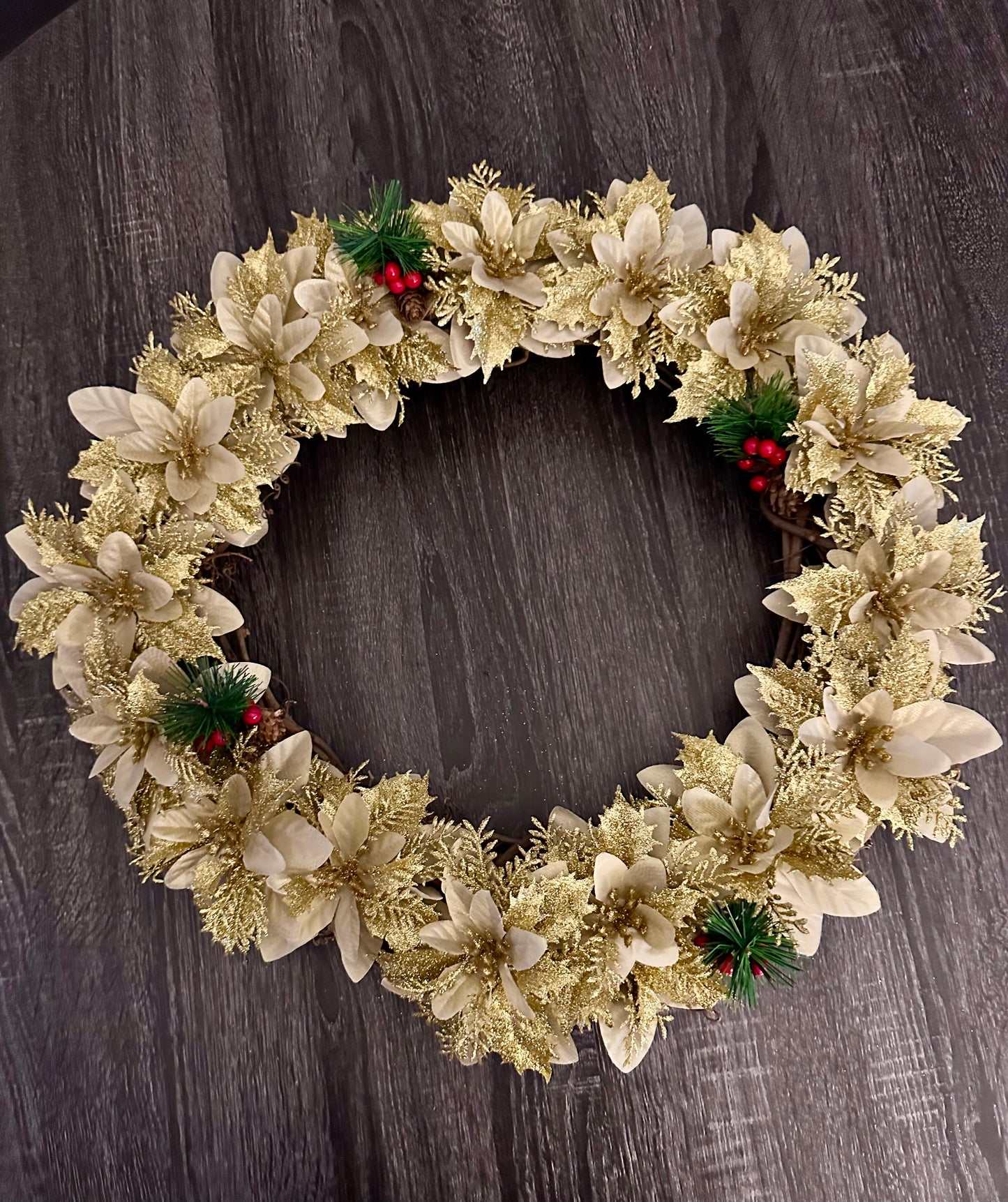 Gold Poinsettia Holiday Wreath w/ Pinecones