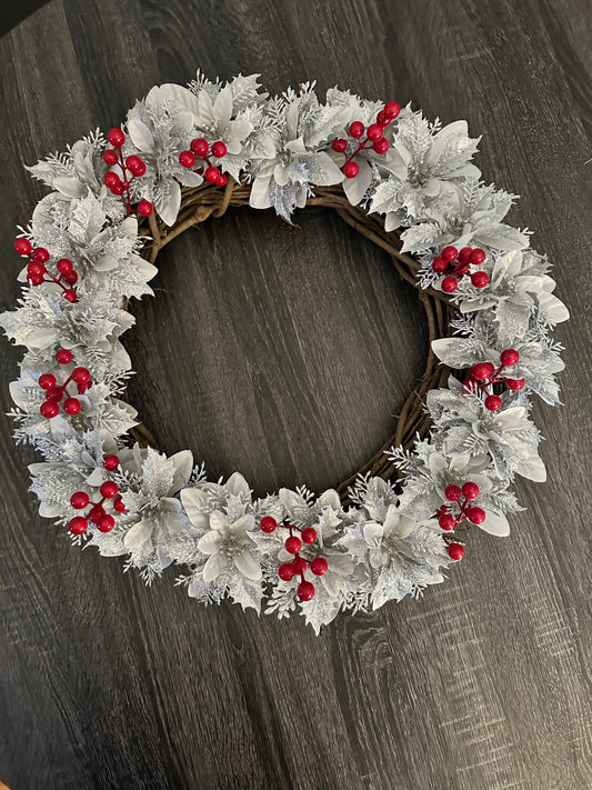 Silver Poinsettia Wreath w/Red Holley