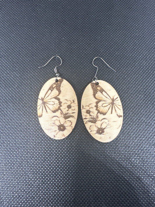Wooden Butterfly Engraved Earrings